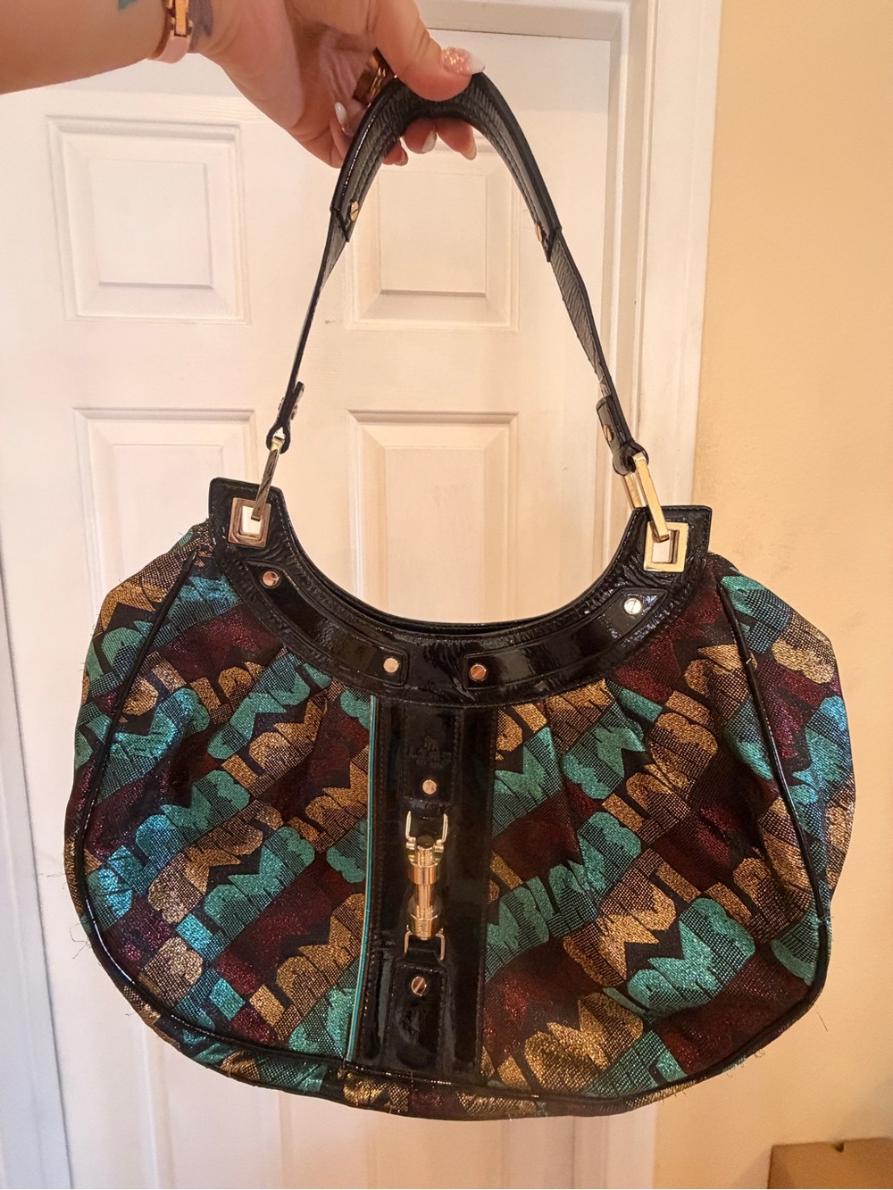 Lamb Metallic Multicolor Pattern Bag with Black Trim